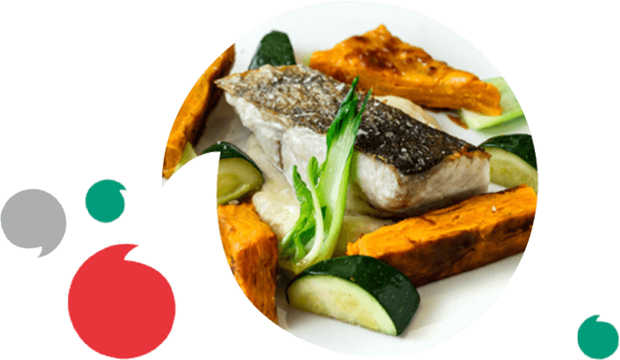 Skin-on zander or walleye fillet with sweet potato gratin and grilled zucchini